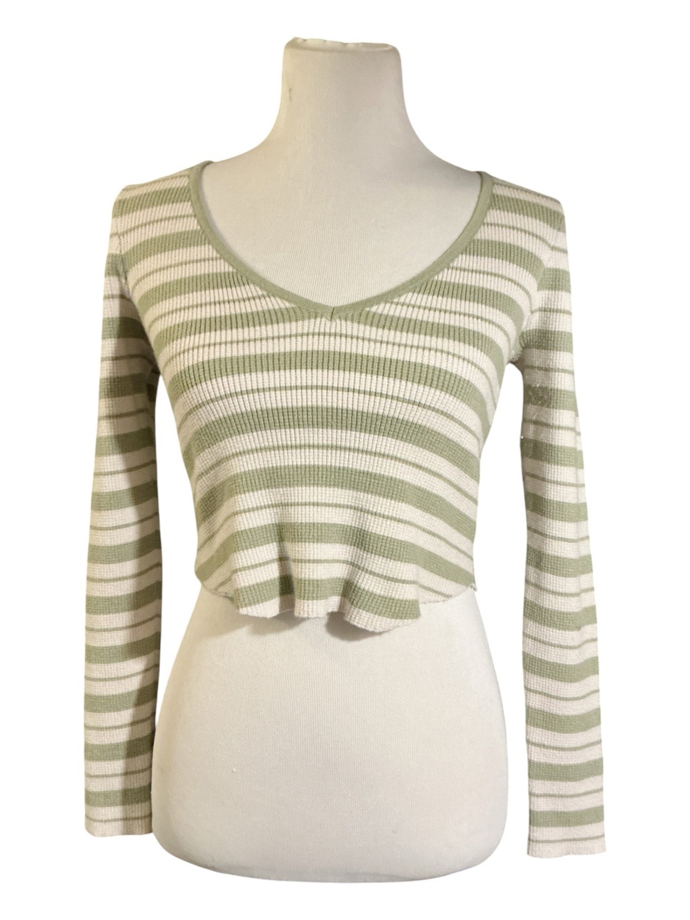 La Hearts Sage Green and Cream Striped V-Neck Long Sleeve Crop Top